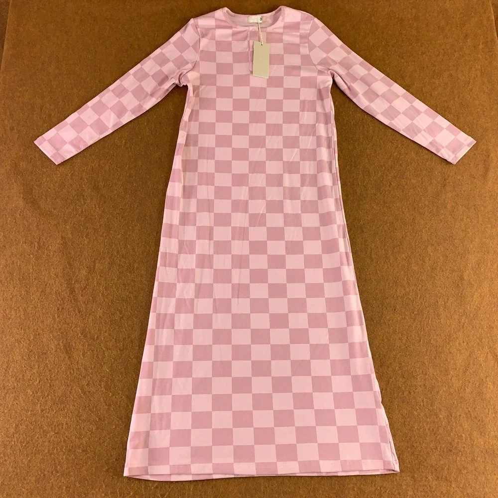 NUMU Girls Size 10 Pink Checkered Long Sleeve Cozy Long Nightgown NWT